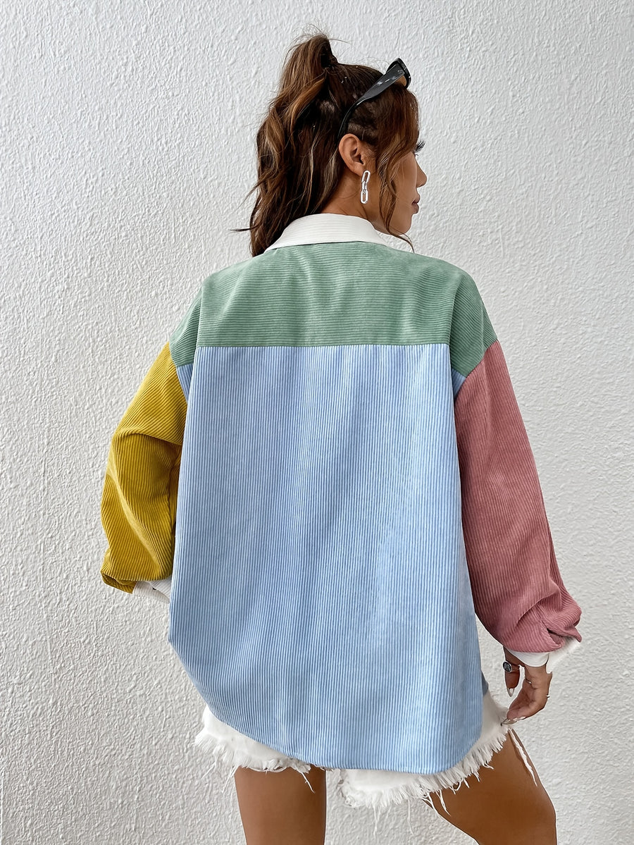 Color-Block Patchwork Drop-Shoulder Shirt - Mixed colors