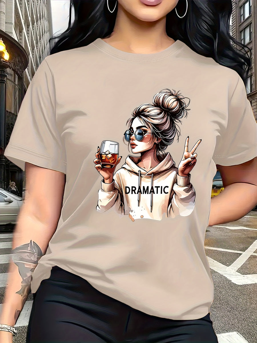 Street-style Trendy Art Print Featuring a Woman with a Bun Hairstyle and Fashion Glasses Holding a Red Wine Glass. Simple Round-neck Casual Versatile Short-sleeve Women's T-shirt, Suitable for Leisure, Travel, Vacation, and Other. 11643 - Apricot