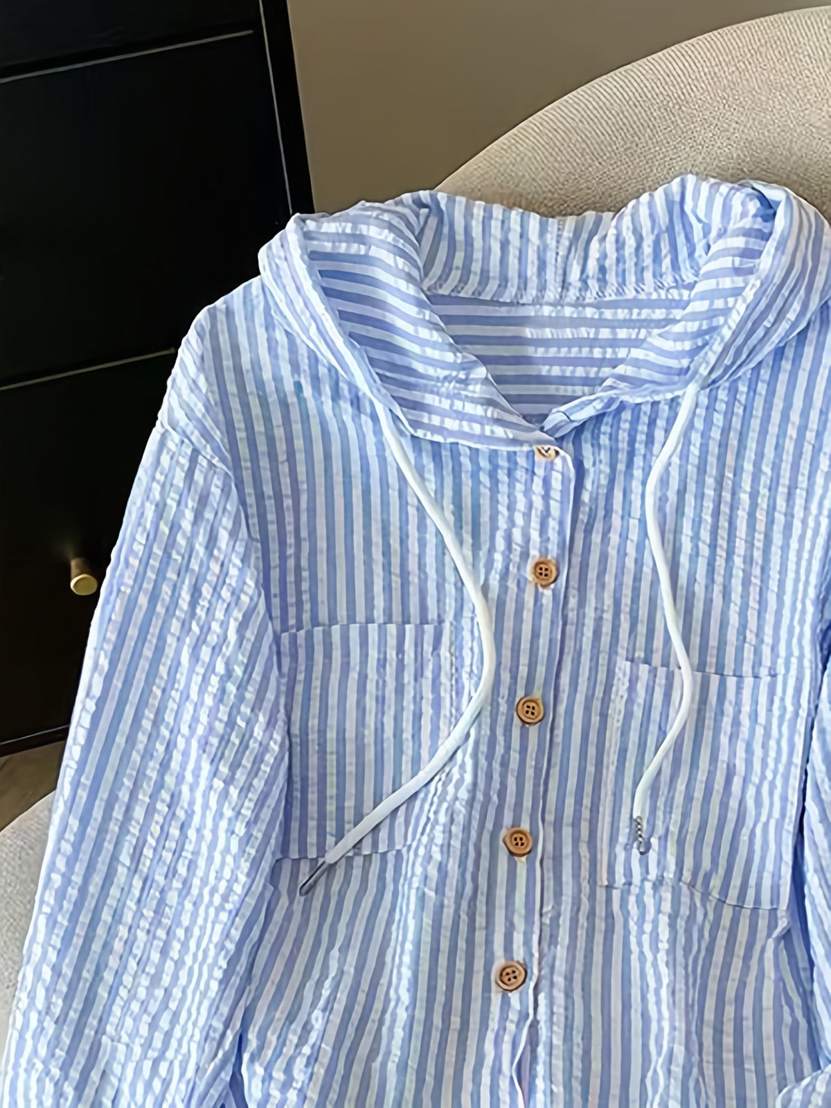 New Women's Vertical Stripe Loose Hoodie, Women's Casual Shirt for Summer, Suitable for Spring and Autumn Daily Casual Outings, Women's Pocket Shirt, Summer Hooded Shirt - Blue