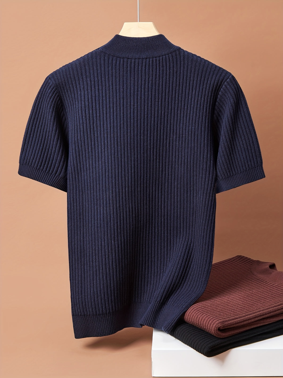 Tehan Men's Semi-High Neck Short Sleeve Knit Sweater, Thick Warm Half-Sleeve Knit Sweater for Spring, Autumn, and Winter, Can Be Worn Alone or as a Base Layer, Soft High-Quality Fabric for Skin-Friendly Wear, Heavy Craftsmanship with 3D Embossed - Navy Color