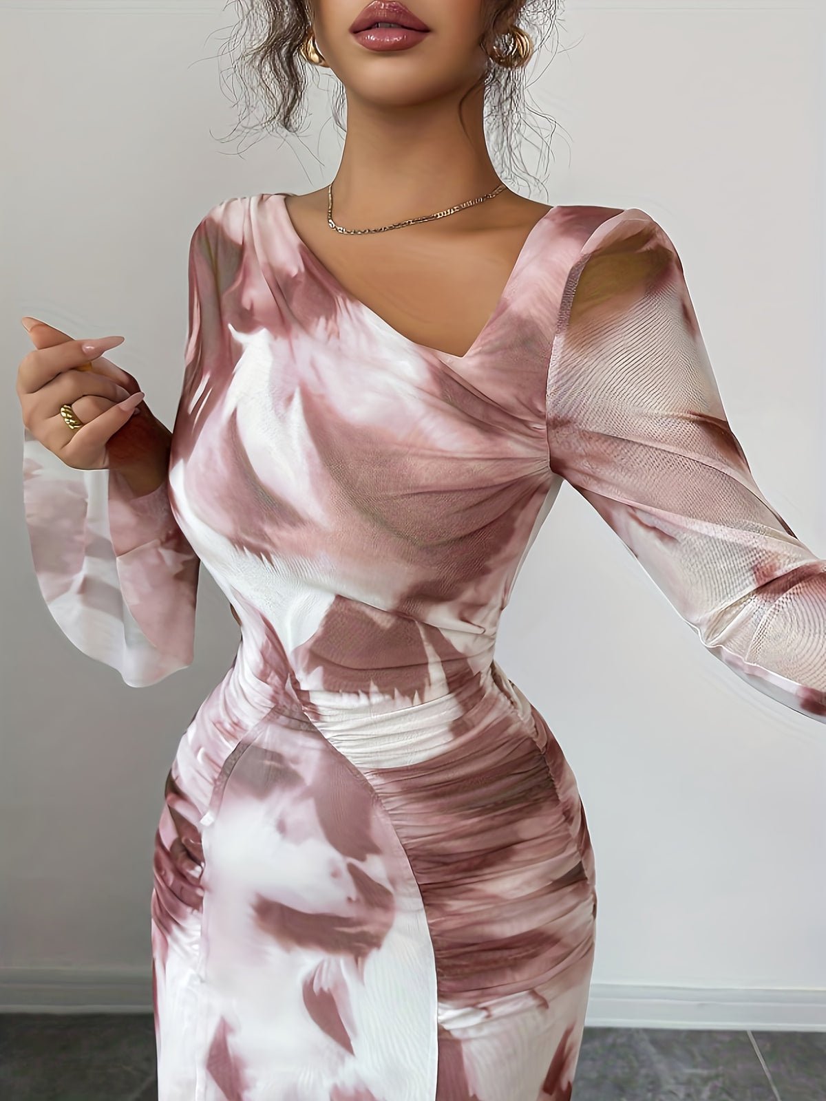 Spring And Summer Women'S French Retro Tie-Dye Print Mesh Pleated Slim Fit Flared Sleeve Tight Mini Dress - Mixed colors