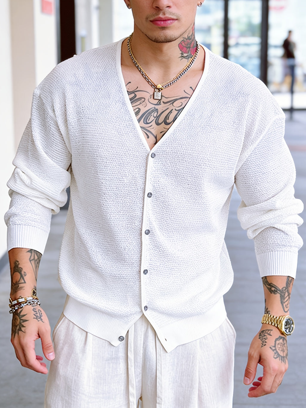 Men's Hollow-Knit V-Neck Cardigan Top, Unisex Summer Outerwear Suitable for Vacation, Fashion, Casual, and Commuting - White