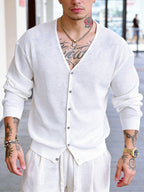 Men's Hollow-Knit V-Neck Cardigan Top, Unisex Summer Outerwear Suitable for Vacation, Fashion, Casual, and Commuting - White
