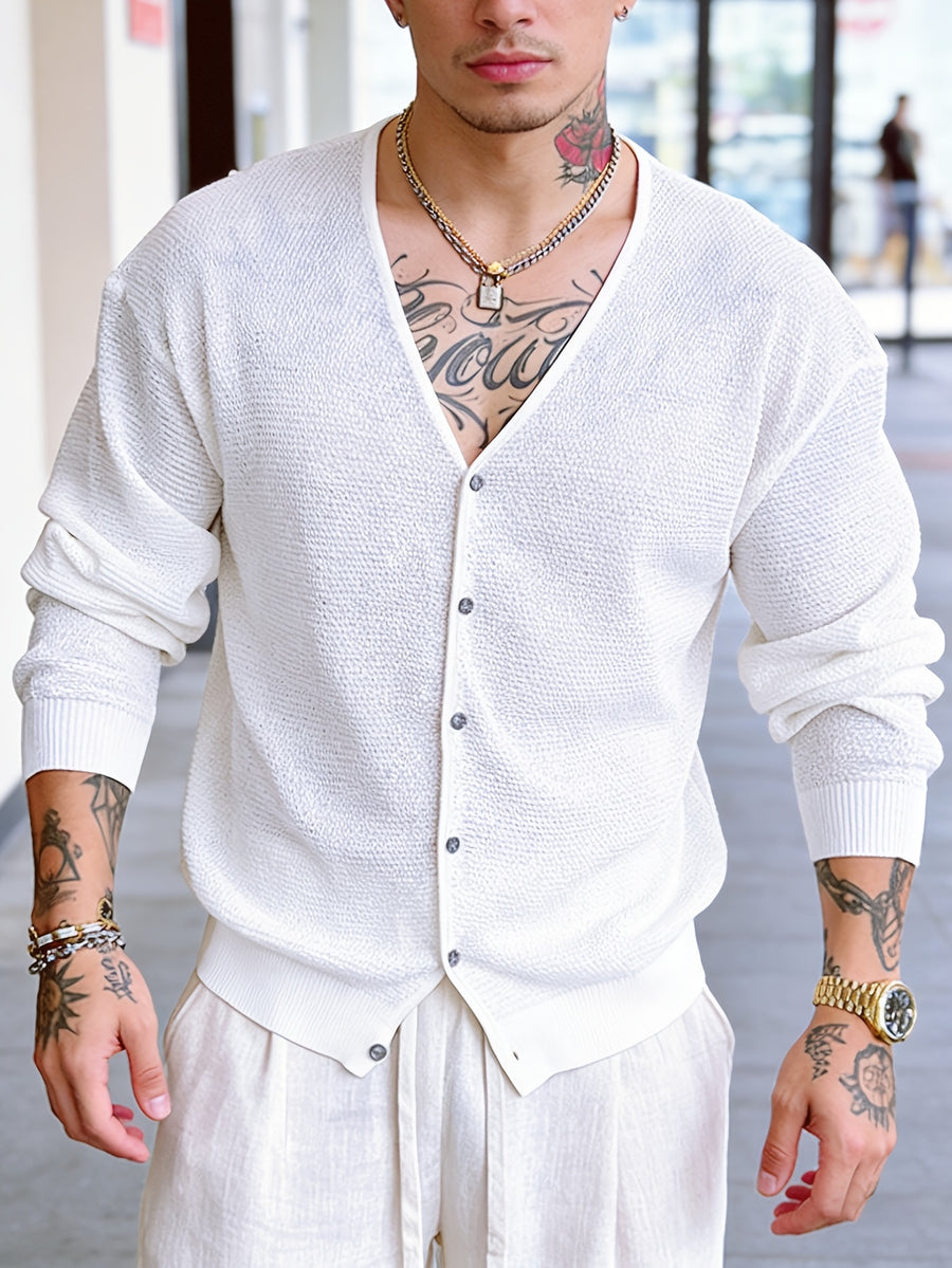 Men's Hollow-Knit V-Neck Cardigan Top, Unisex Summer Outerwear Suitable for Vacation, Fashion, Casual, and Commuting - White
