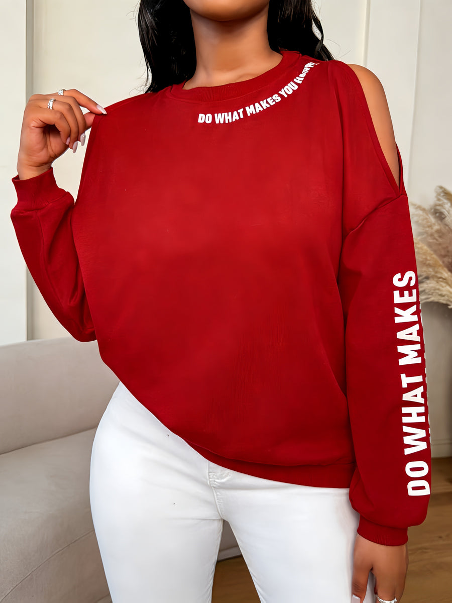 Women'S Loose Casual Letter Print Off-Shoulder Long Sleeve Base Layer Sweatshirt, Spring Autumn Commute Back-To- Outfit - Brick Red