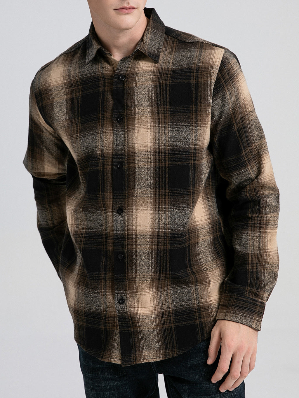 Flannel Plaid Shirt - Brown Black