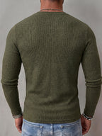 ROYALBOY Men's Autumn New Textured Two-Tone Striped Fabric Deep V-Neck Long Sleeve Outdoor Fashion Sports Top - Olive Green