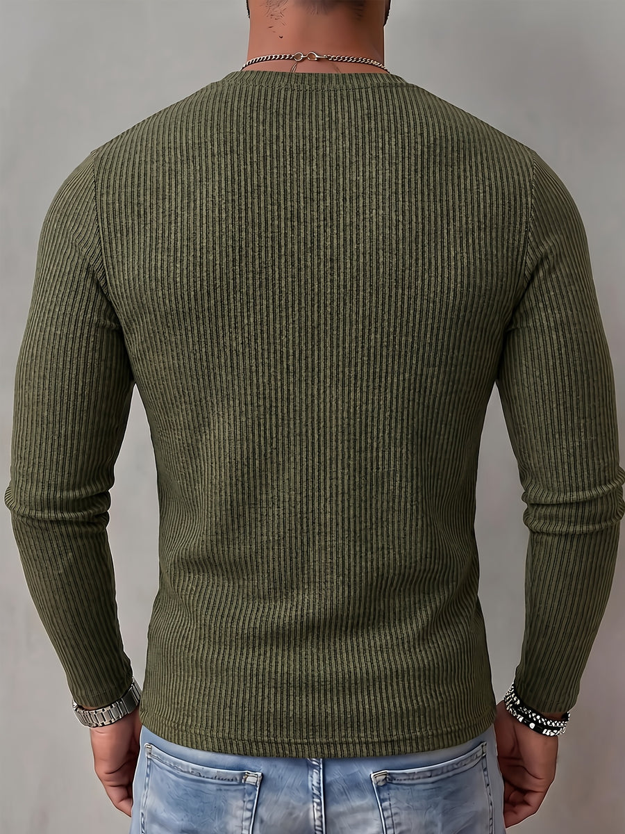 ROYALBOY Men's Autumn New Textured Two-Tone Striped Fabric Deep V-Neck Long Sleeve Outdoor Fashion Sports Top - Olive Green