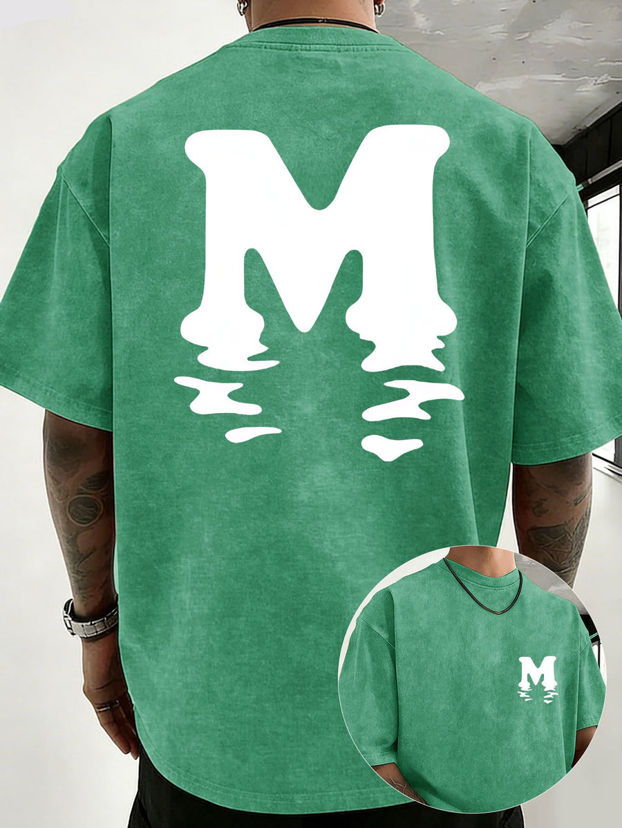 Unisex 100% Cotton Washed Vintage Crew Neck Short-Sleeve T-Shirt, Double-Sided Position Print, Trendy Loose Casual Top, 12 Colors Available - Green
