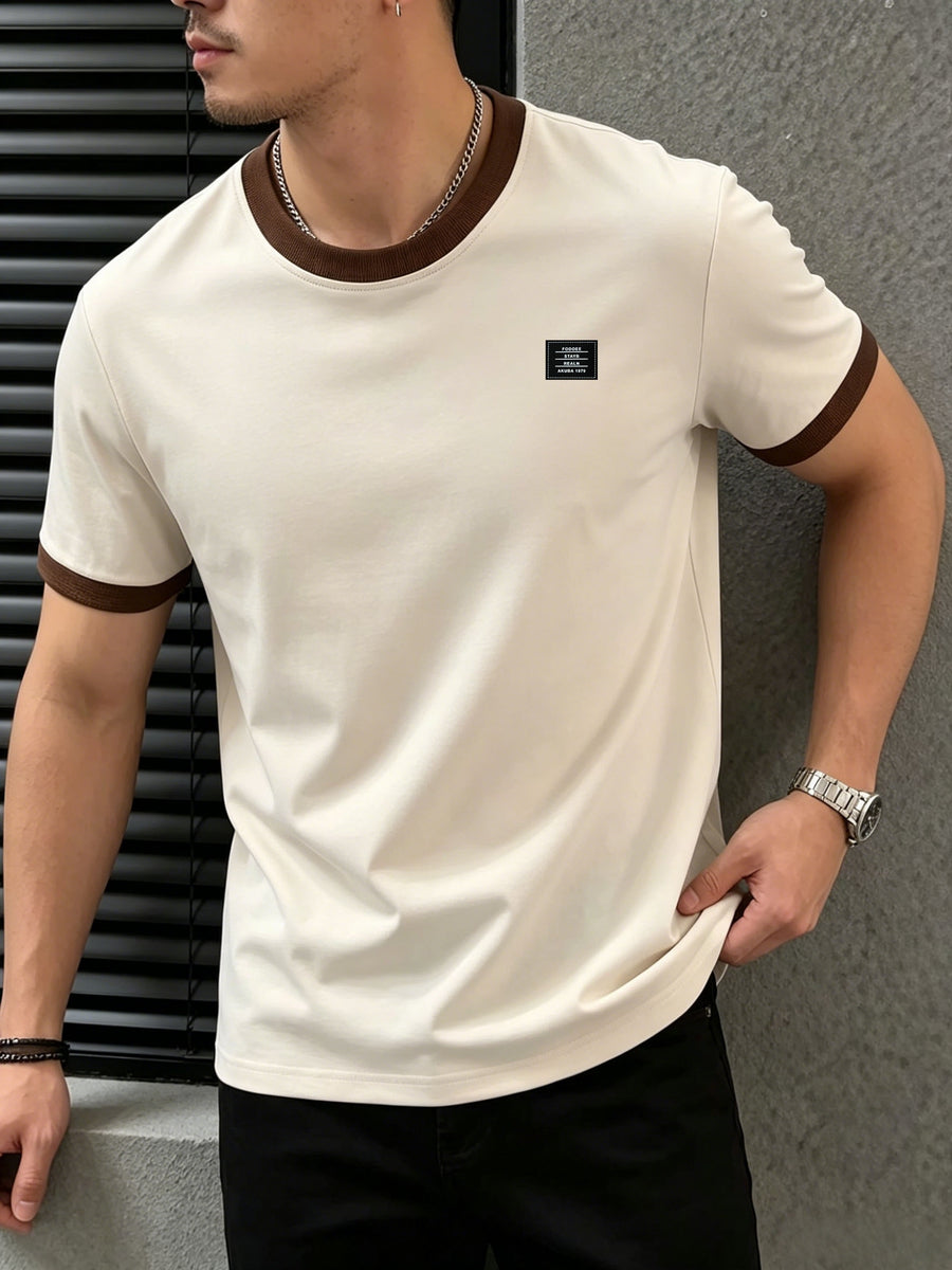Men's 95% Polyester T-Shirt with Color-Block Patch & Badge Detail - Crew Neck Base Layer Suitable for Casual, Sportswear, All-Season Wear, Machine Washable, High-Fit Regular Fit Top for Layering and Everyday Use - Xingpinka