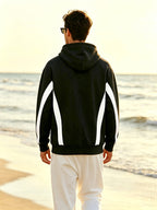 New Men'S Double Striped Hooded Sweatshirt with Loose Fit And Comfortable Pockets, Versatile And Trendy Hoodie for Daily Use - Black