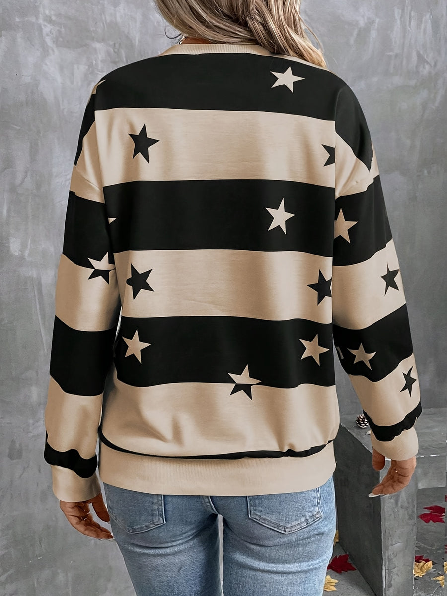 Women's Elegant Striped Star Print Long-Sleeve T-Shirt - Non- Blouse-Compatible Top Suitable for Seasons, Machine Washable Opaque Shirt for Layering, Casual & Professional Wear, Year-Round Wardrobe Essential - Khaki