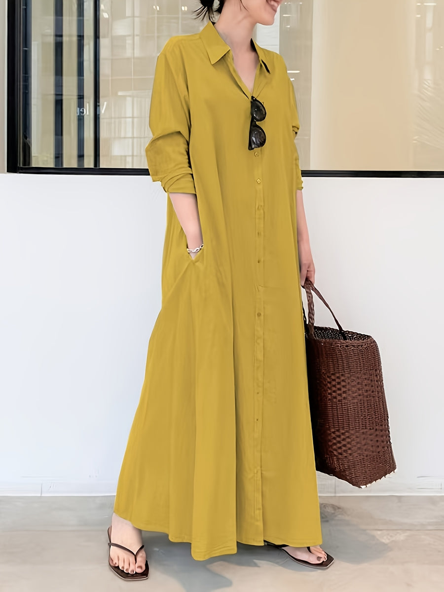 In Stock European And American New Solid Color Lapel Long Sleeve Pocket Easy Loose Casual Long Dress 1pc - Golden Yellow