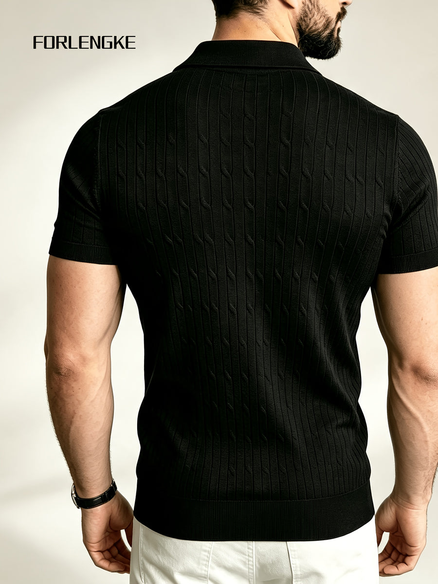 American-style Mature Middle-aged Men's Vertical Rib-knit Polo Shirt, Summer Lightweight Solid Color Lapel Short Sleeve, Urban Outdoor Street Style Loose-fit Textured Business Casual Top - Black