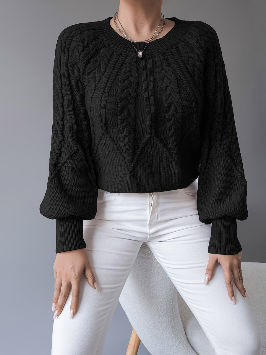 Chunky Lantern Sleeve Sweater, Women'S Crew Neck Textured Pullover Sweater - Black