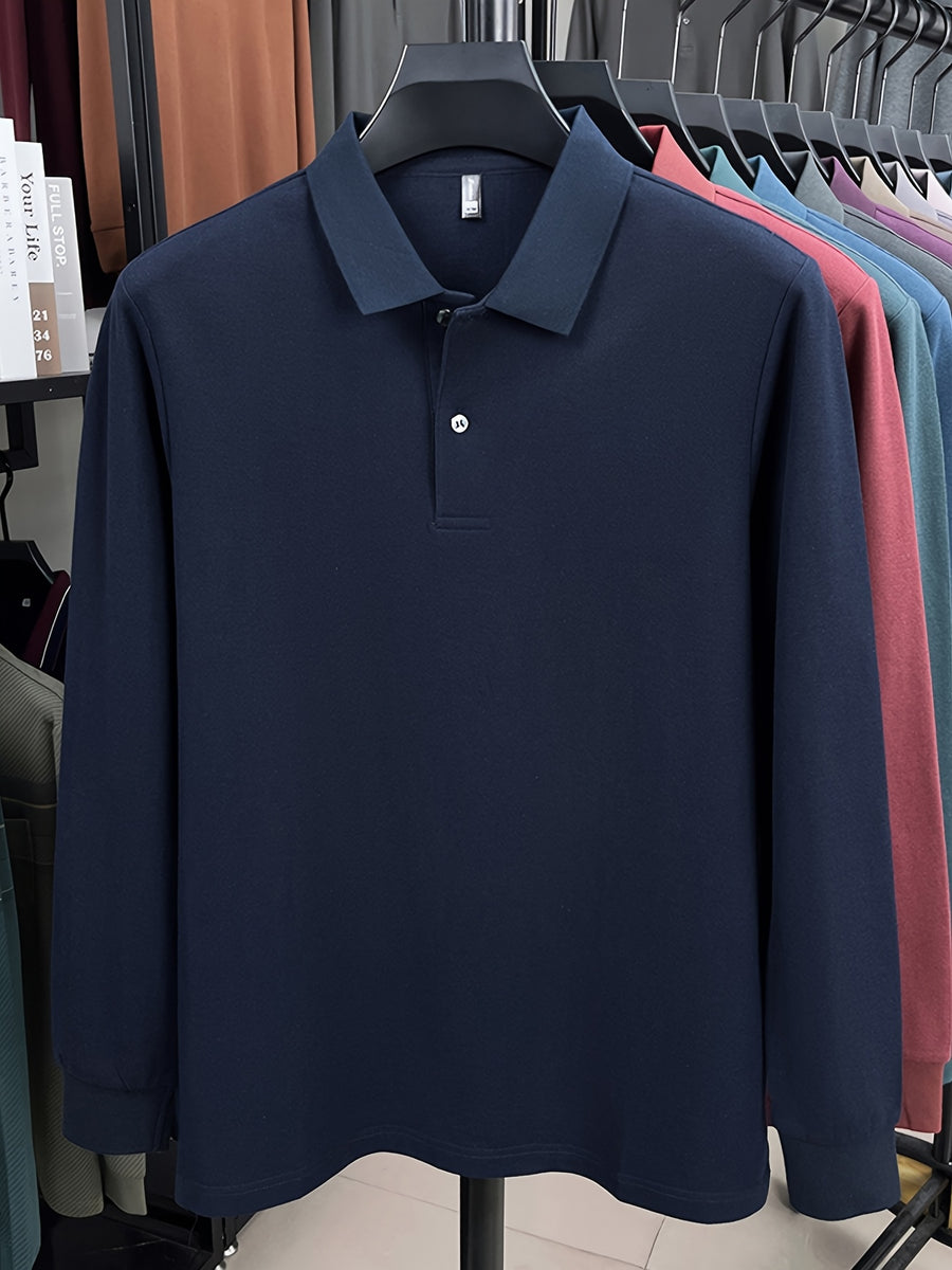 Spring and Autumn Men's Lapel Polo Shirt, Fashionable Solid Color Base Layer Top, Versatile Business Casual Long Sleeve T-Shirt, Suitable for Daily Work Scenes, The Best Gift for Friends and Relatives - Navy Color