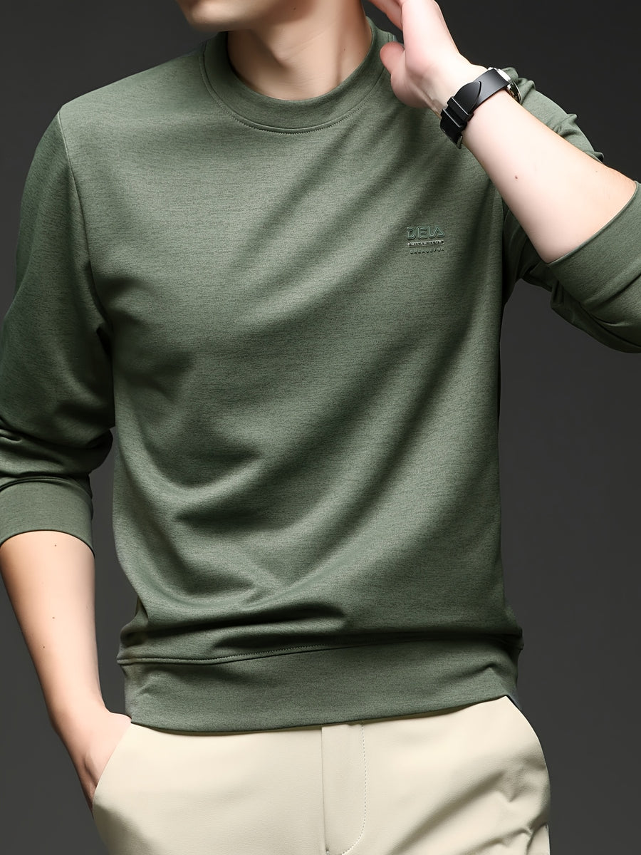 [Saa Xing OBM] 1pc Spring/Autumn New Men'S Sweatshirt, Solid Color Round Neck Long Sleeve Men'S Business Casual Fashion Breathable All-Match Pullover Base Layer Top, Suitable for Spring And Autumn, Single Wear Or Inner Layer, Fits Daily And Casual - Grass Green