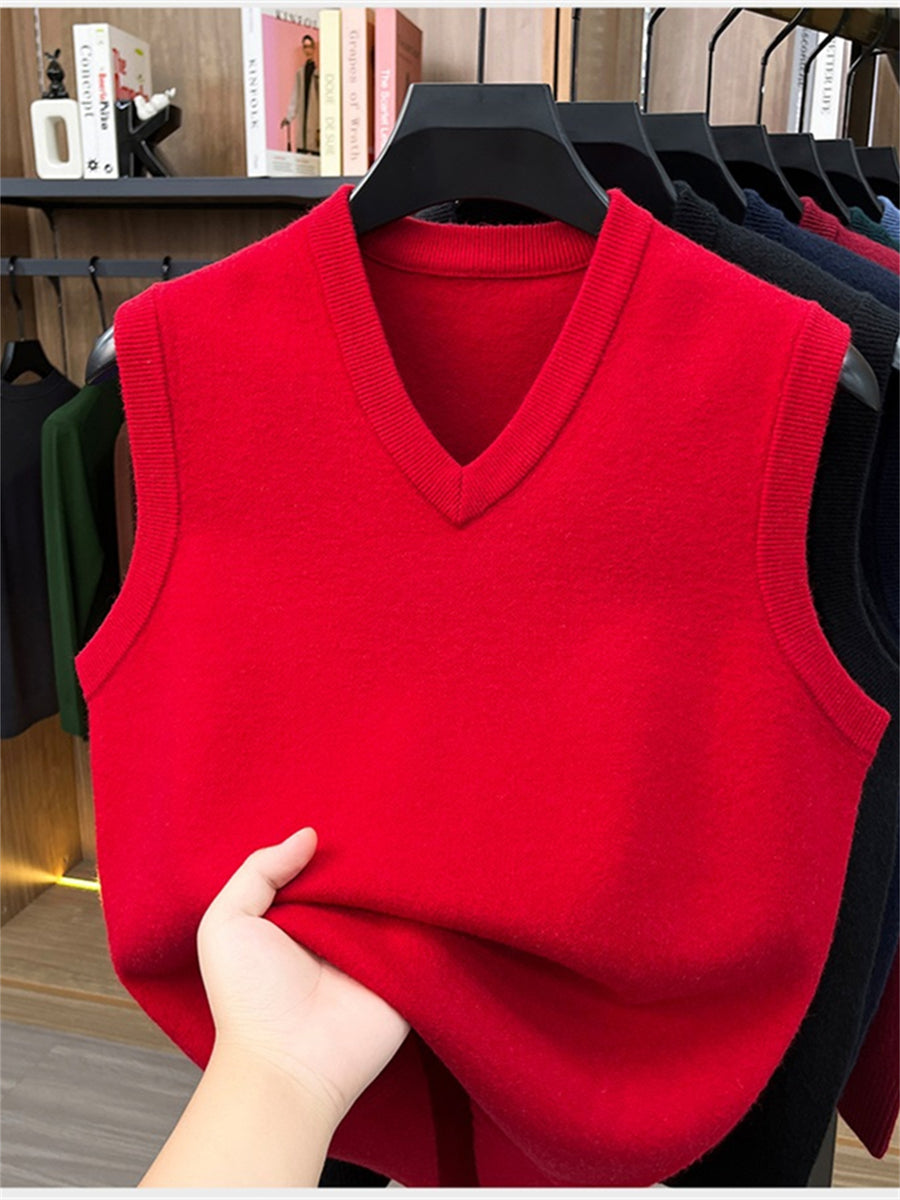 Autumn/Winter Knitted Solid Color V-Neck Sweater, Basic Knit Pullover, Men's Fashion Knit Vest ZYR - Bright Red