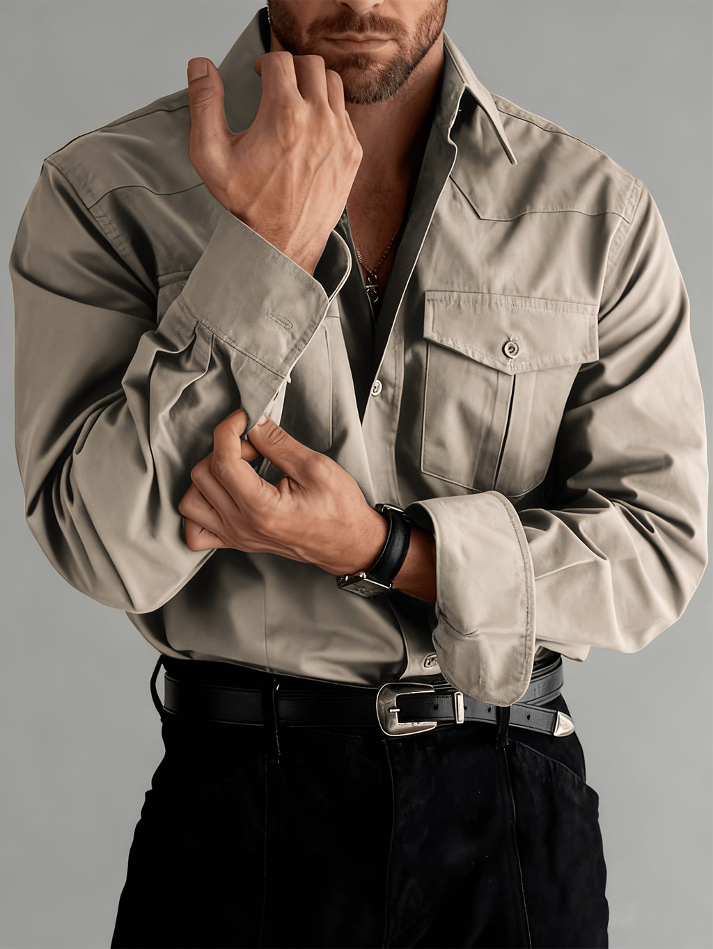 Spring And Autumn American Style Lapel Work Shirt, Preppy Easy Long Sleeve with Double Pockets, Casual Shirt for Daily Business Commute - Camel