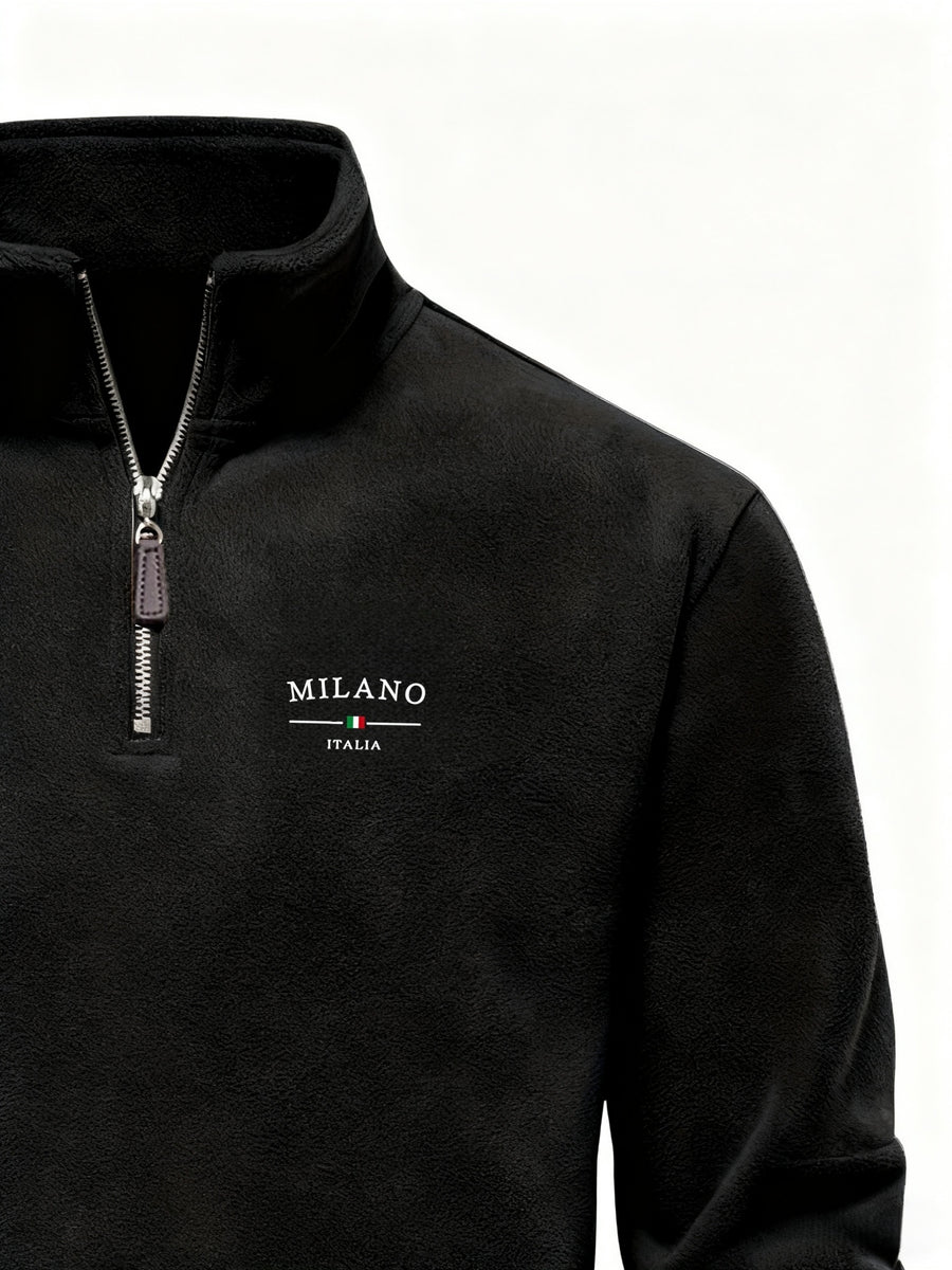 Autumn Winter Men'S Fleece Thickened Henley Stand-Up Collar Sweatshirt 1/4 Zip Warm Top Double-Faced Fleece Jacket, New Season - Black