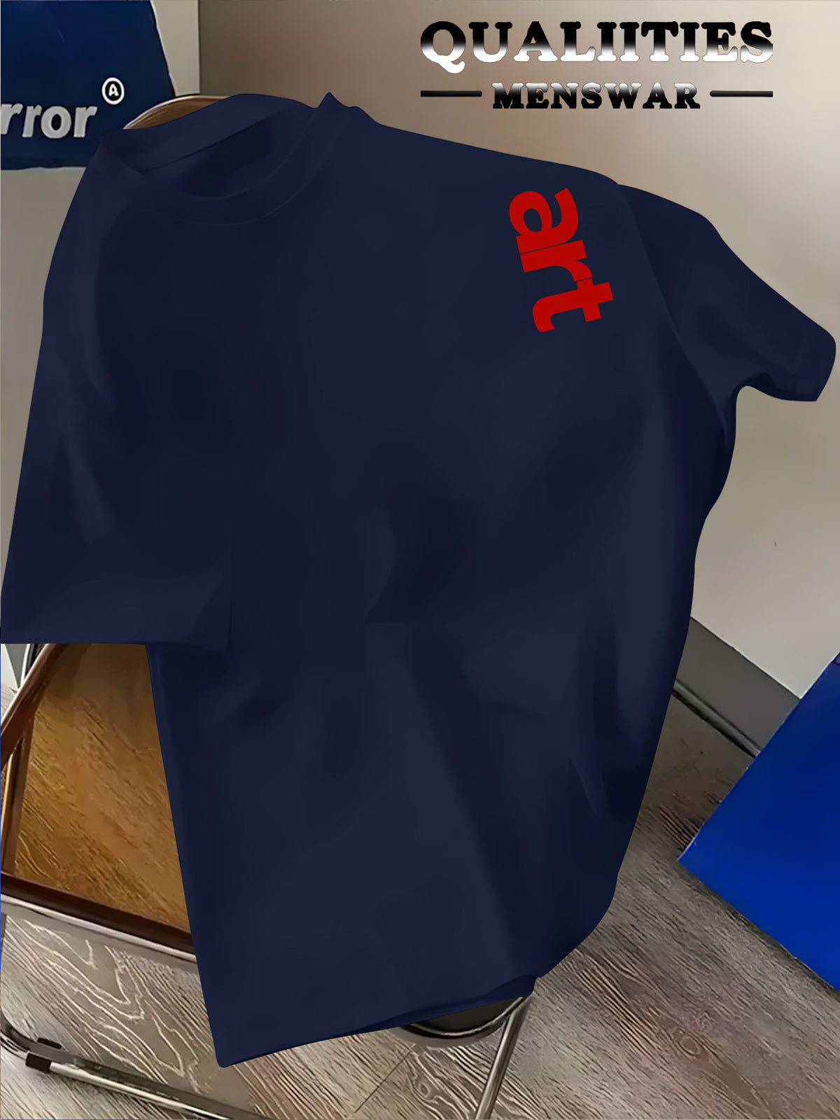 Men'S Fashion Short Sleeve T-Shirt, Minimalist Red Letter Pattern Print, Casual Regular Knit Tee, Suitable for Daily Wear, Couple Style, Unisex, Summer New Arrival, Versatile Style - Navy Color