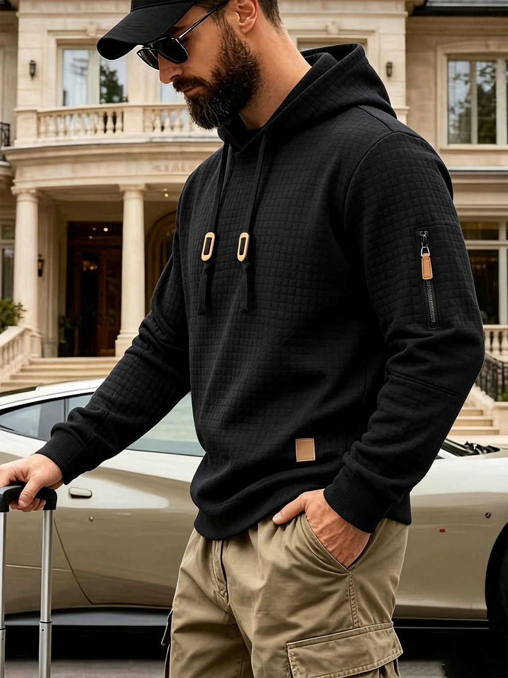 2pcs Men'S Checkered Hooded Sweatshirts, Long Sleeve Pullover Tops, Regular Fit Knit Fabric, with Zippered Pockets, Soft Stretch Knit Sweater, Lightweight Casual, Suitable for Spring Fall Travel Streetwear - Off-white+black