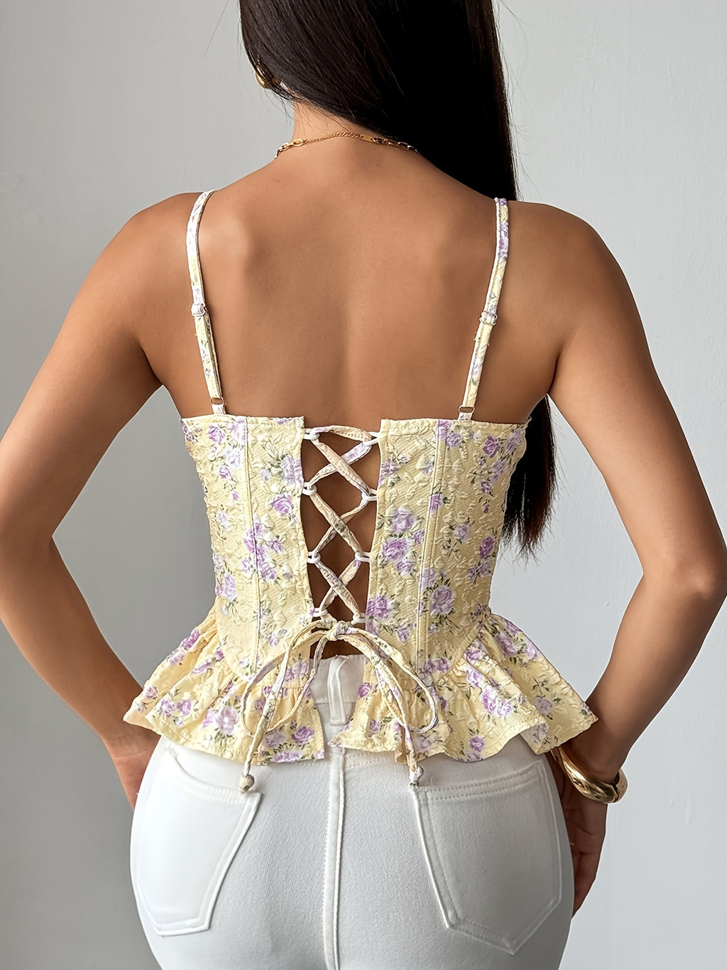 Ins Western Style Spring Summer Floral Irregular Ruffled Light New Sexy Backless Lace-Up Bustier 71027 - Yellow