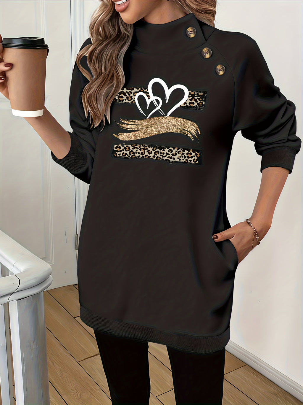 Women'S Fashion High-Neck Sweatshirt - Black