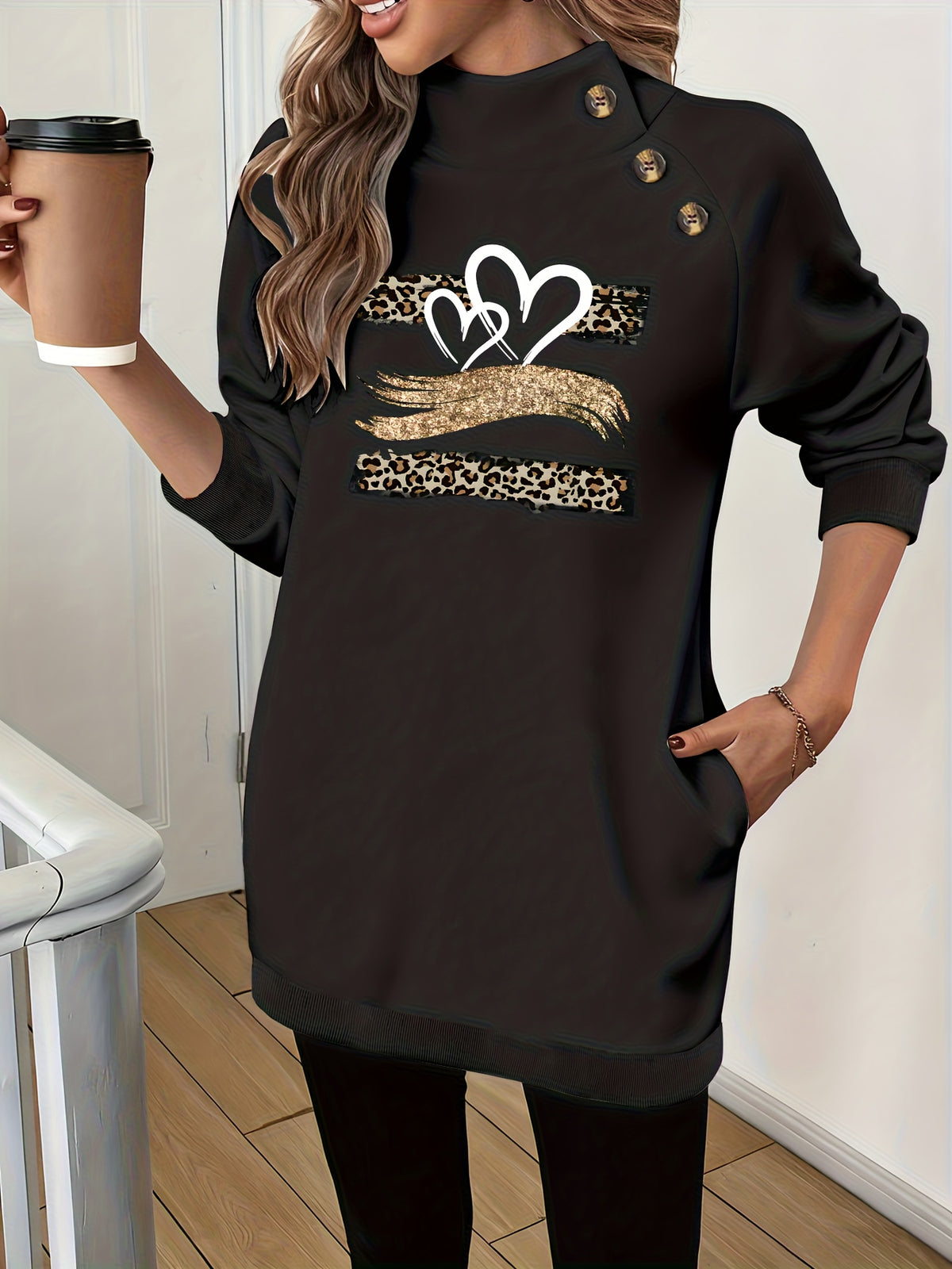 Women'S Fashion High-Neck Sweatshirt - Black