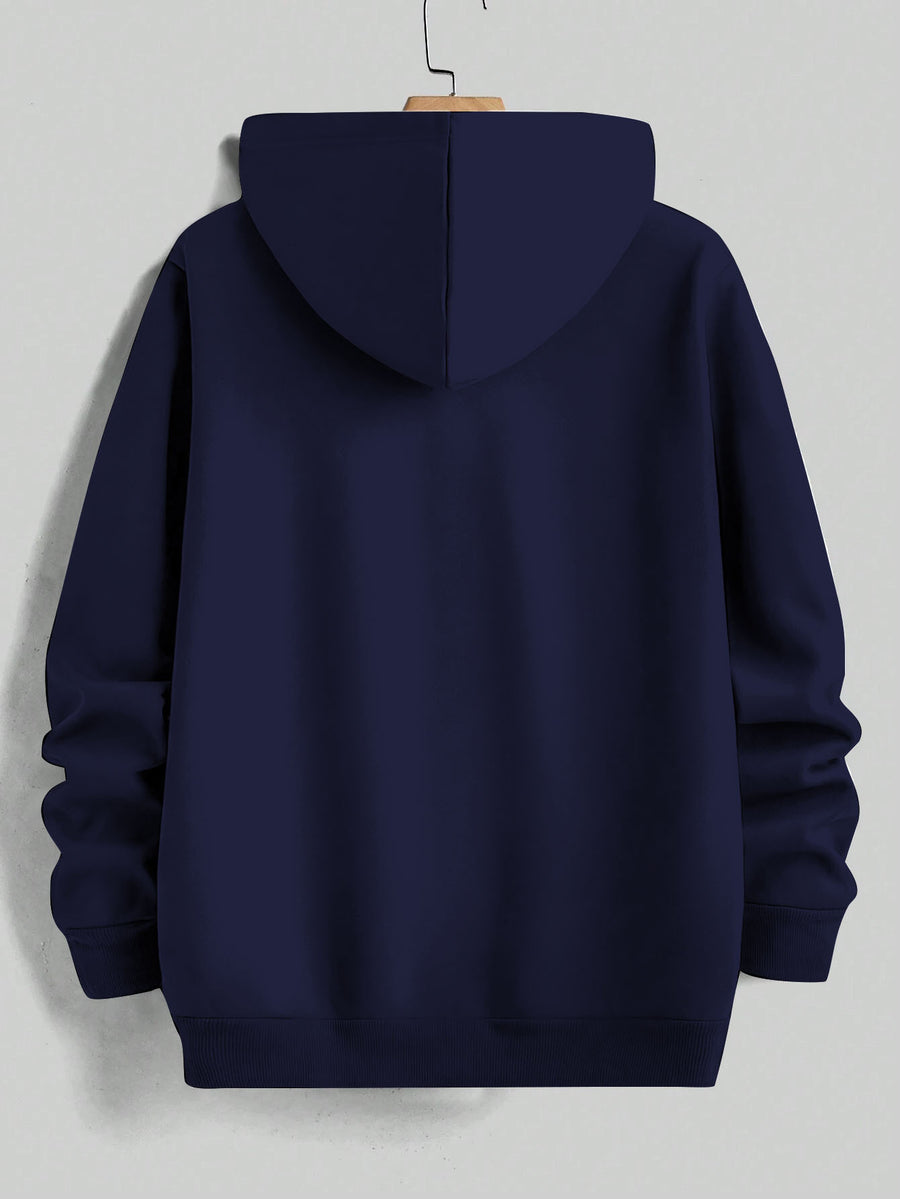 Retro Minimalist Cursive Small Print Men'S Hooded Sweatshirt Kangaroo Pocket Drawstring Hoodie Versatile Trendy Top - Navy Color