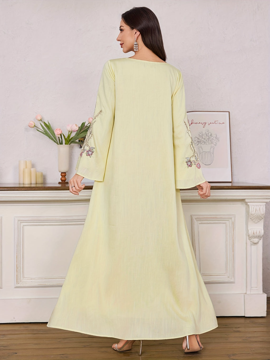 Al Najma Women ElegantEmbroidered Dress, MinimalistFashion Casual Daily Wear, Modest Kaftan - 【Light Yellow】