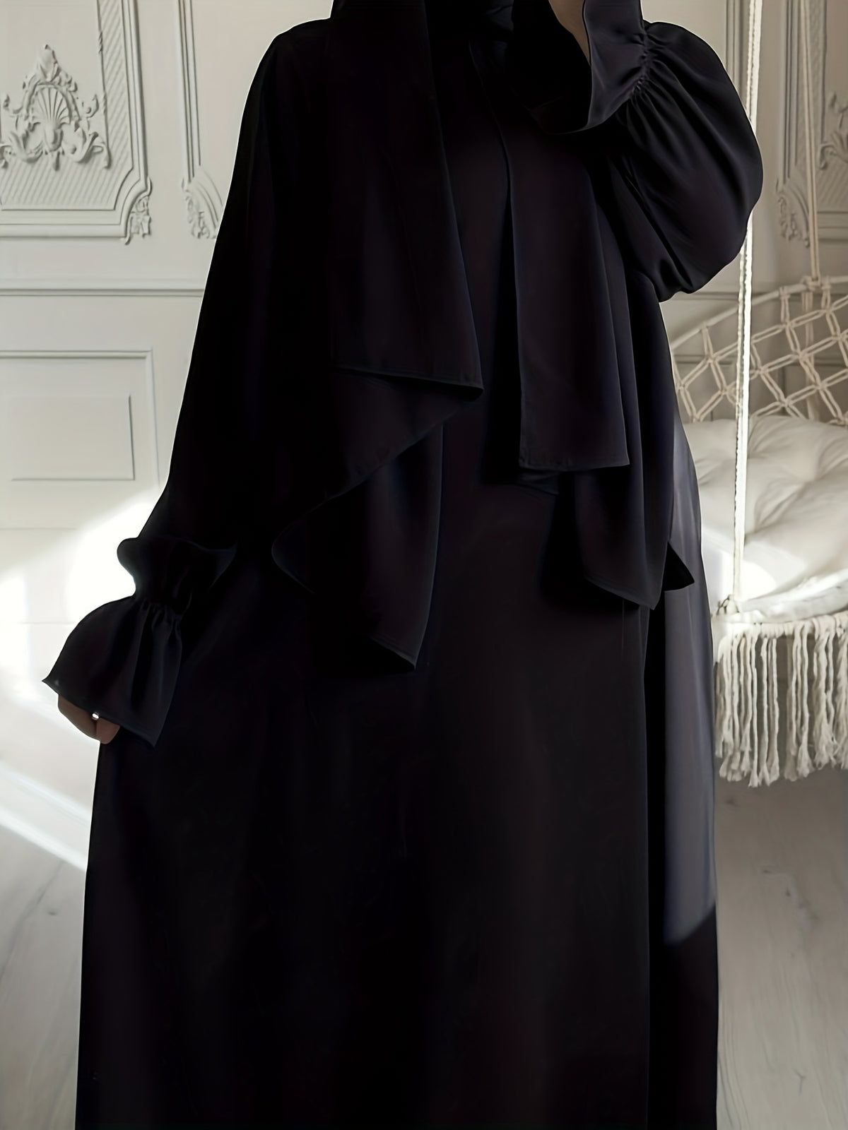 1pc Fashionable, Elegant And Casual One-Piece Solid-Colored Bellows Sleeve Suitable for Daily Wear. Loose And Comfortable Women'S Abaya Robe - Black