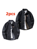 2pcs Men's Loose Vintage Washed Lapel Denim Shirt, Casual Versatile Daily Streetwear Jacket - Nostalgia + Black-Gray