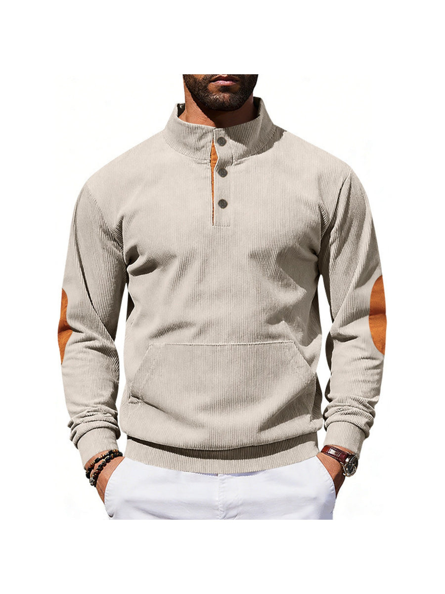 Men's 3pcs Set Corduroy Half-Button Stand Collar Long Sleeve Fashion Sweatshirt, Contrast Color Buttons Half-Open Placket, Double Elbow Applique Patches, Front Kangaroo Pocket, Ribbed Cuffs and Hem Vintage Casual Sweatshirt - xing+lv+hei
