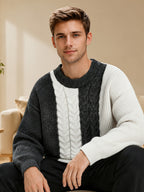 Men'S Vertical Stripe Color-Block Jacquard Round Neck Sweater, Loose Drop Shoulder Fit, Casual Relaxed Style, Flattering for All Body Types, Ideal for Daily Outings, Dates, And Commuting - SINBOS - Grey