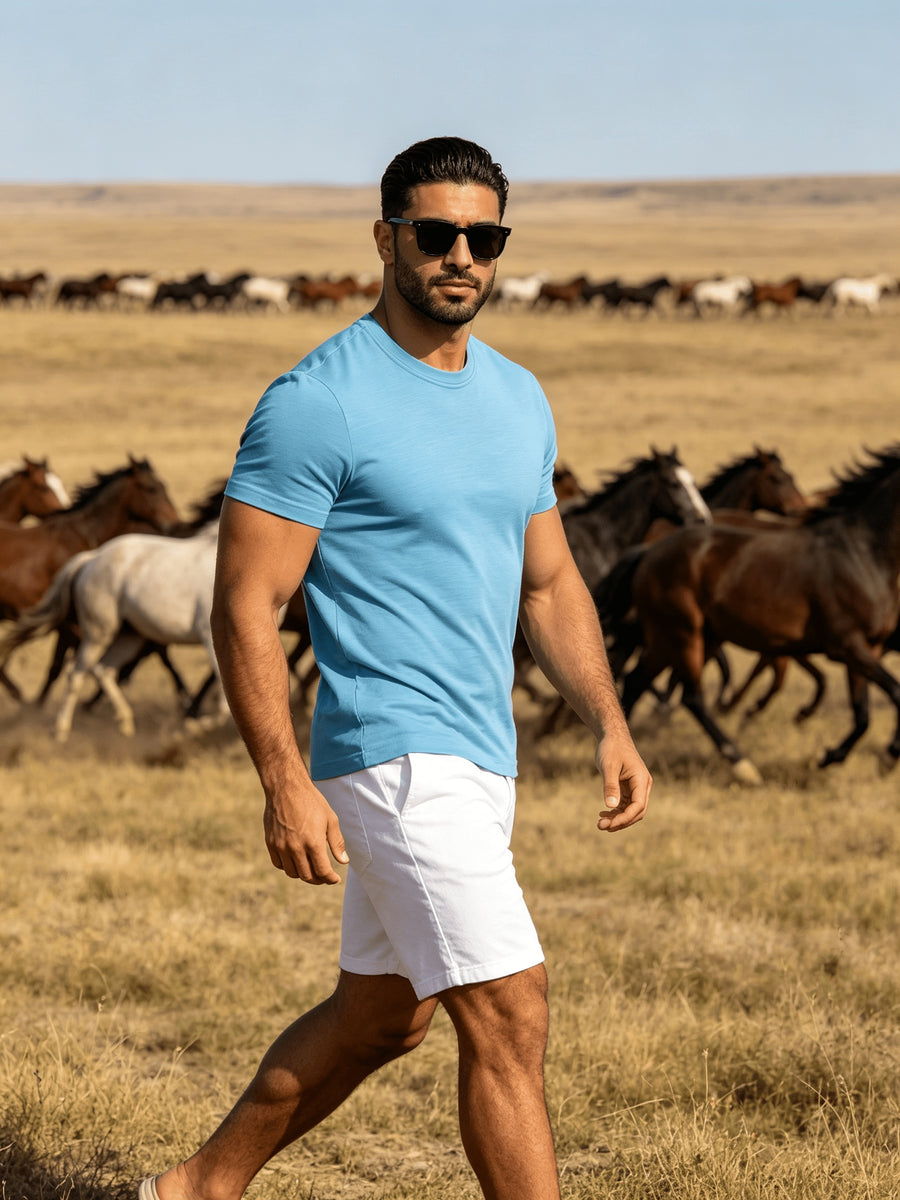 Fashion Athletic Men'S T-Shirt, Spring Summer New Style, Casual Versatile, Comfortable Breathable Lightweight, Trendy Slim Fit, Soft Skin-Friendly Fabric, Individual Premium - Sky Blue