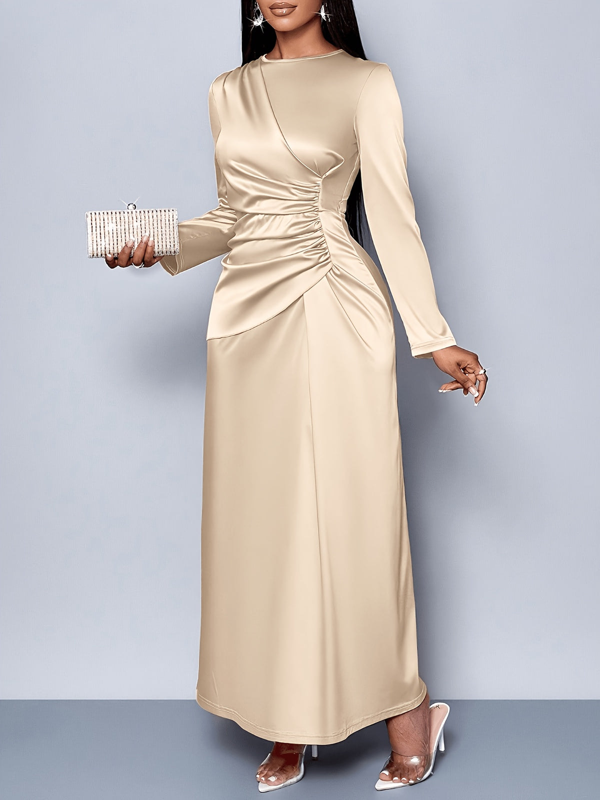 Women'S Elegant Solid Color Ruched Side Satin Bodycon Dress Suitable for Dating Party Maxi Women Outfit - Apricot