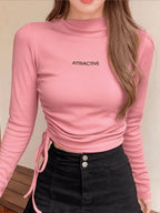 Brown Letter Drawstring Slim Fit Long Sleeve T-Shirt for Women - Pink