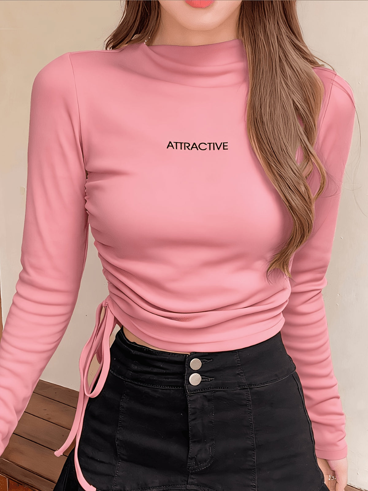 Brown Letter Drawstring Slim Fit Long Sleeve T-Shirt for Women - Pink