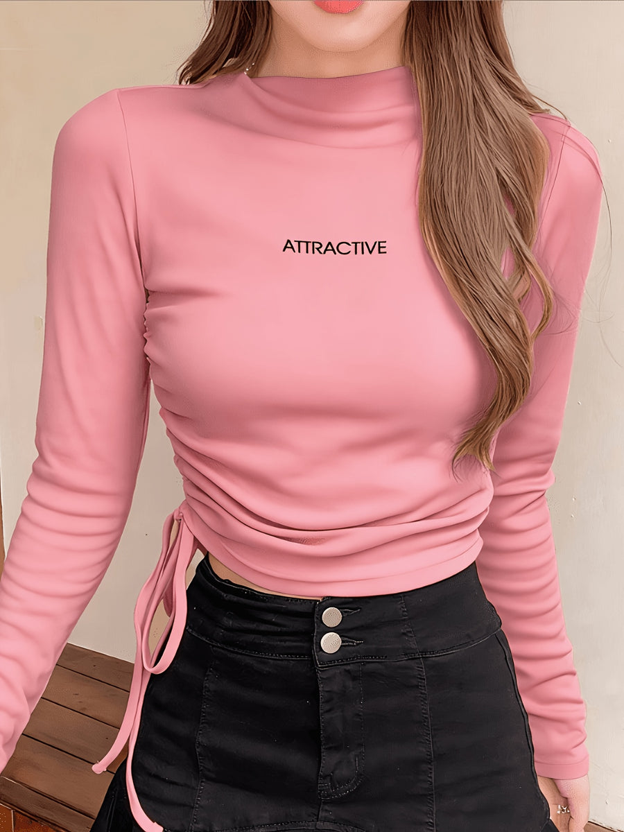 Brown Letter Drawstring Slim Fit Long Sleeve T-Shirt for Women - Pink