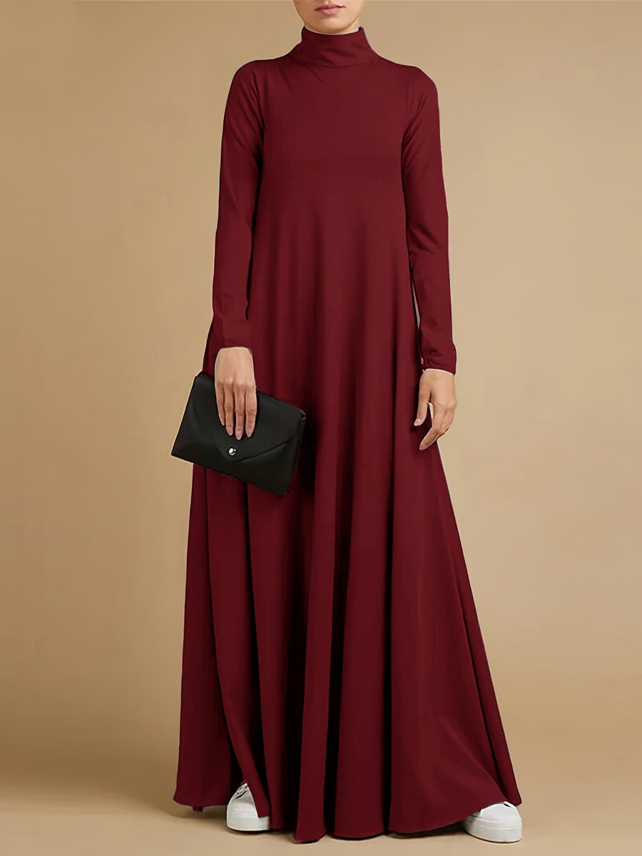 Women'S High Neck Long Sleeve Casual Loose Solid Color Long Dress - Burgundy