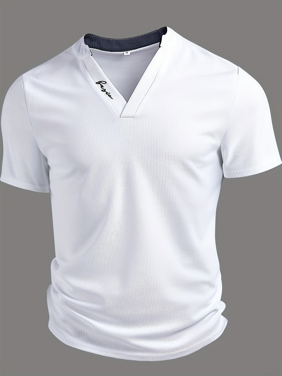 Men'S Textured Boutique Waffle Black And White Contrasting Color Doorman Print Design Fashion V-Neck Short-Sleeved Outdoor Sports Casual Henley Shirt - White