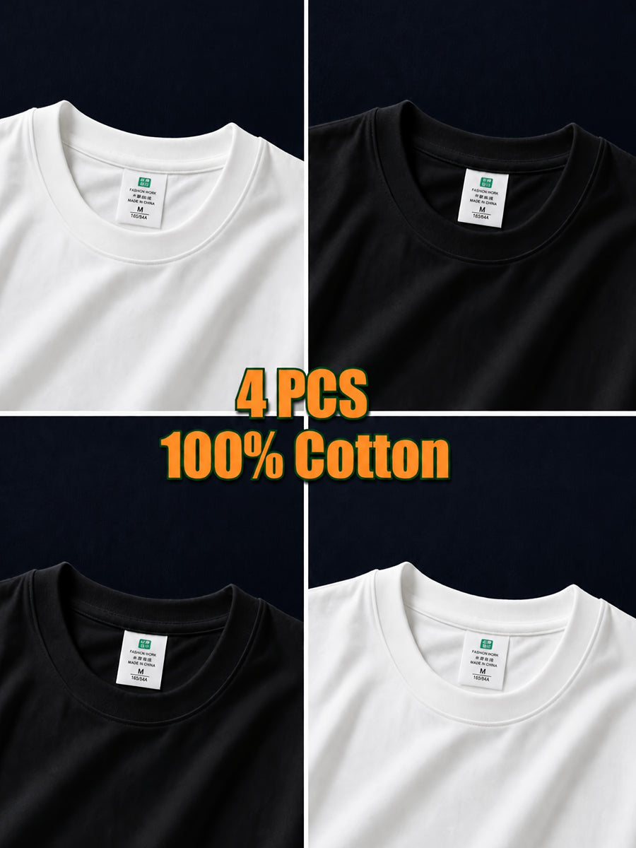 4pcs Men's 100% Pure Cotton Short-Sleeve T-Shirts, Solid Color Crew Neck Tops, Breathable Soft Plain Basic Style, Loose Fit Summer Casual Short Sleeves, Suitable for Daily Wear, Fitness, and Outdoor Outings - 2 pieces of white + 2 pieces of black