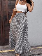 <Elegant Orientation> Bohemian Black And White Plaid Skirt Elastic Waist Flowy Ruffle Hem Long Skirt - Mixed colors