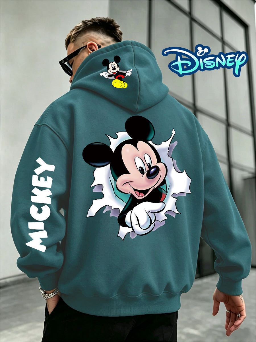 Disney, Fashionable and Trendy Multi-color Hoodie with a Ripped Paper Peek-a-boo Wink Mickey Mouse Pattern Print, Autumn and Winter Men's Loose Long-sleeved Hoodie, First Choice for Couples - Green