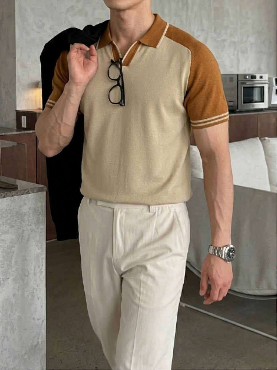 Men's Color-Block Summer Breathable Saddle Shoulder Knit Shirt, Short Sleeve Lapel V-Neck Casual Light Business Knit Top - Apricot