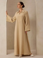 Women'S Ruched Middle Eastern Muslim Elegant Solid Color Patchwork Neckline A-Line Abaya - Khaki