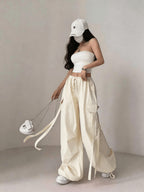 Street Style Loose Fit Drawstring Ankle Scarf Fashion Utility Pants Wide Leg Casual Long Trousers - Off-white