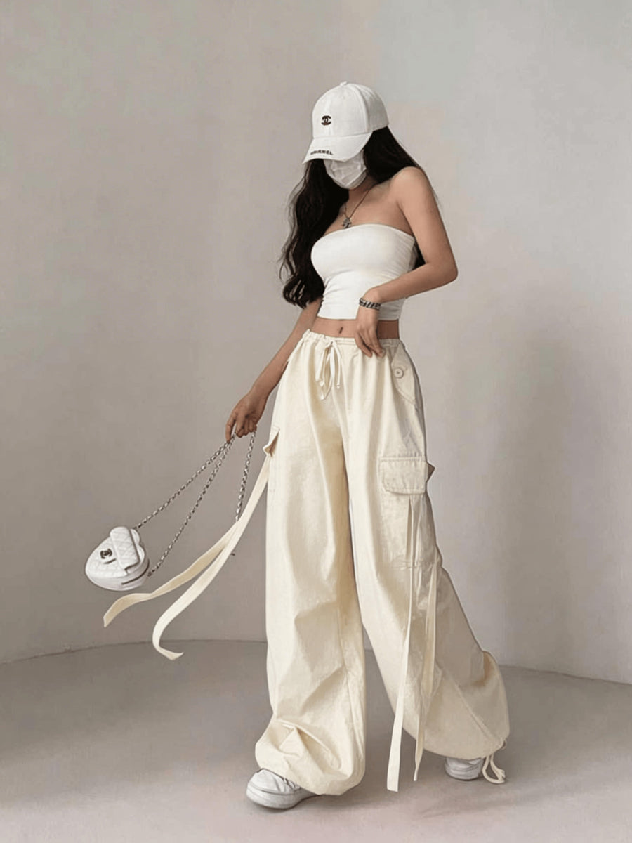 Street Style Loose Fit Drawstring Ankle Scarf Fashion Utility Pants Wide Leg Casual Long Trousers - Off-white