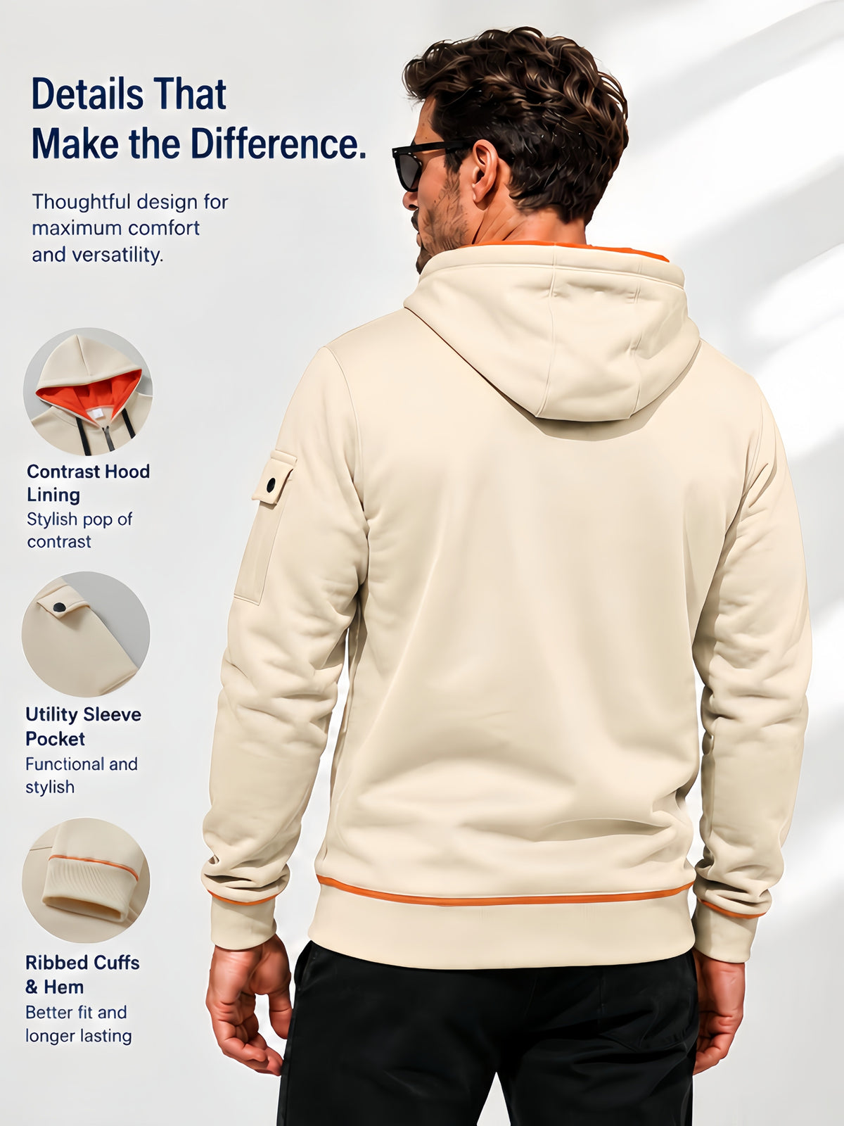 Hoodie, Men'S Fashion Color-Block Zip-Up Hoodie, Multi-Pocket Design Showcasing Individuality, Solid Casual Versatile Hoodie, Autumn/Winter Outerwear - Apricot